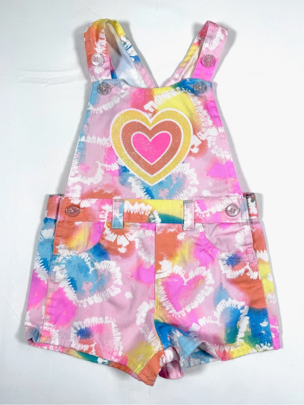 KIDGETS Girls Tie Dye Heart Shortalls Size 2T Rainbow Y2K Overall Shorts